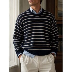 Vintage Polo Ralph Lauren Sweater Men XL Navy Stripe Linen Cotton Old Money 90s